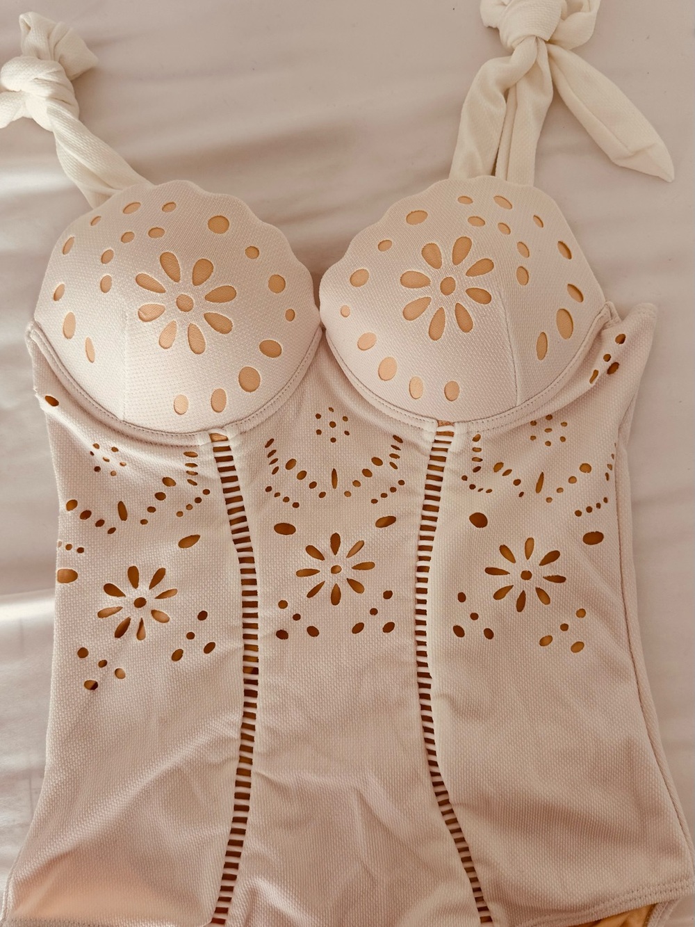Cream Eyelet Laser-Cut Bustier Bodysuit - Women Intimates & Sleepwear